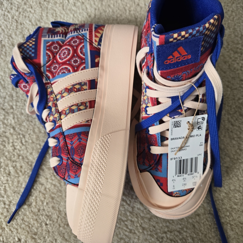 adidas  Bravada Mid-Top Sneakers in Red, Blue & Cream